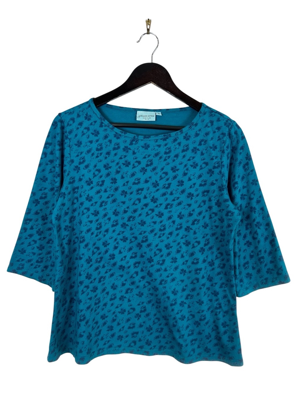 Prairie Cotton Blue Floral 3/4 Sleeve Top Women's Size Small Made in USA